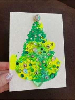 Handmade Green & Yellow Jeweled Tree Canvas Art 5x7 inch